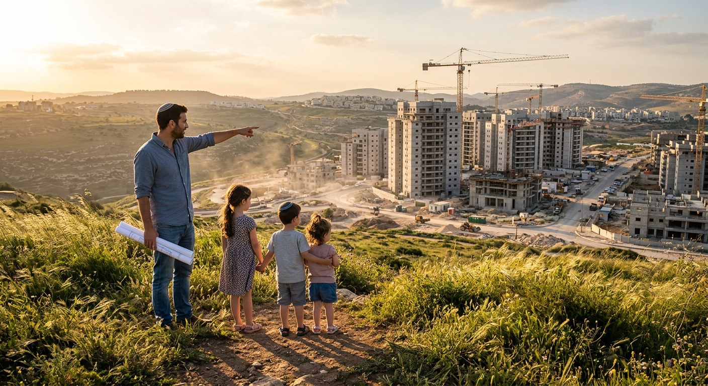 אב חובש כיפה אוחז בשרטוטים ועומד עם שלושת ילדיו על גבעה ירוקה, מצביע לעבר אתר בנייה גדול של שכונת מגורים חדשה עם מנופים בשעת שקיעה.